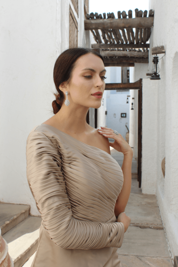 Off Shoulder Pleated Fitted Dress - Image 3
