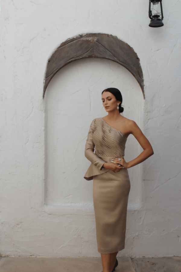 Off Shoulder Pleated Fitted Dress